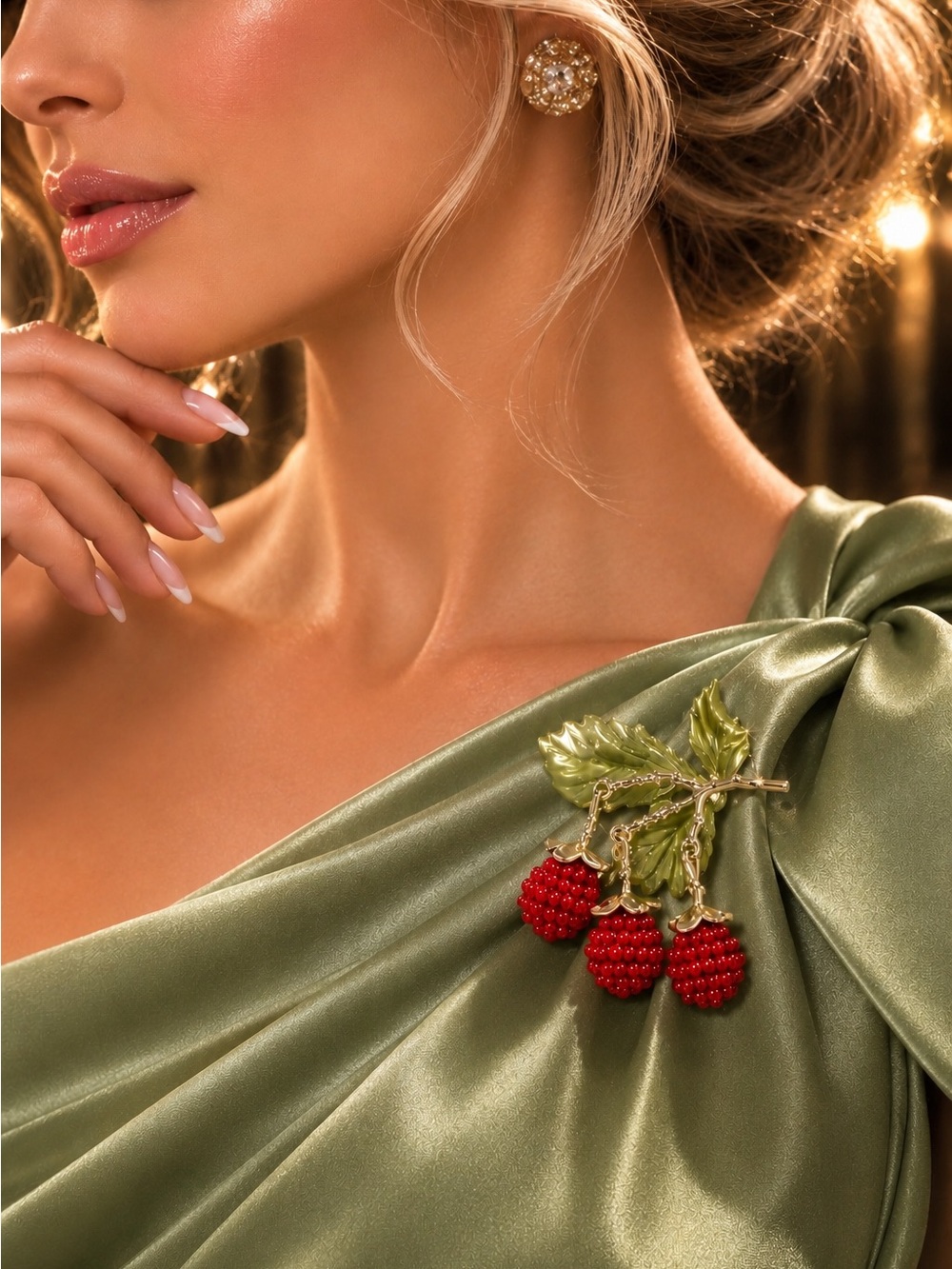 Gold-Tone Leaf Brooch with Green Enamel and Red Berry Clusters - Picture 2 of 10